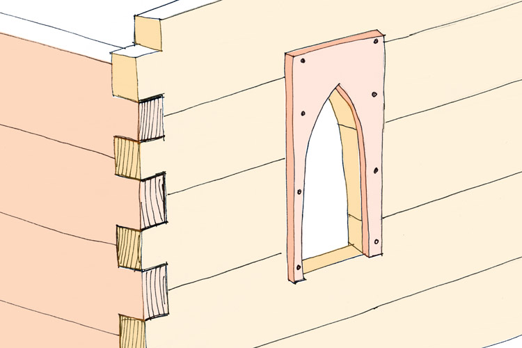 Winklern: Skizze des konstruktionsprinzips der Bohlenstube mit der Versteifung im Bereich der Fenster.