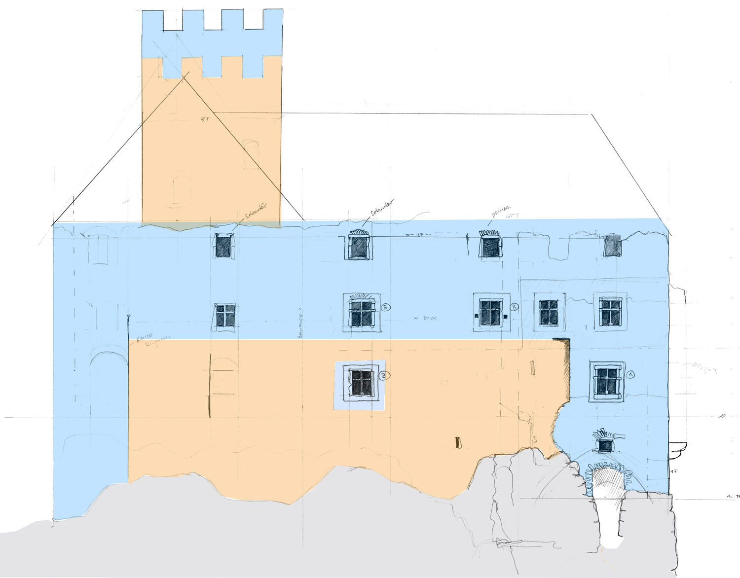 Niederkraig: Westfassade des Palas mit den zwei Hauptbauphasen: um 1300 orange, um 1450 blau.