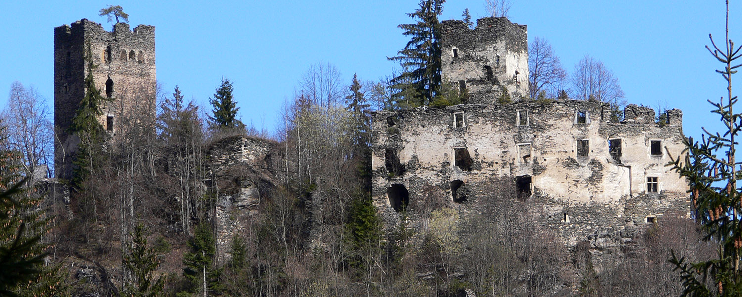 Totale der Burganlage mit Wohnturm (rechts) und Bergfried uns Palas (links). Foto 2007.