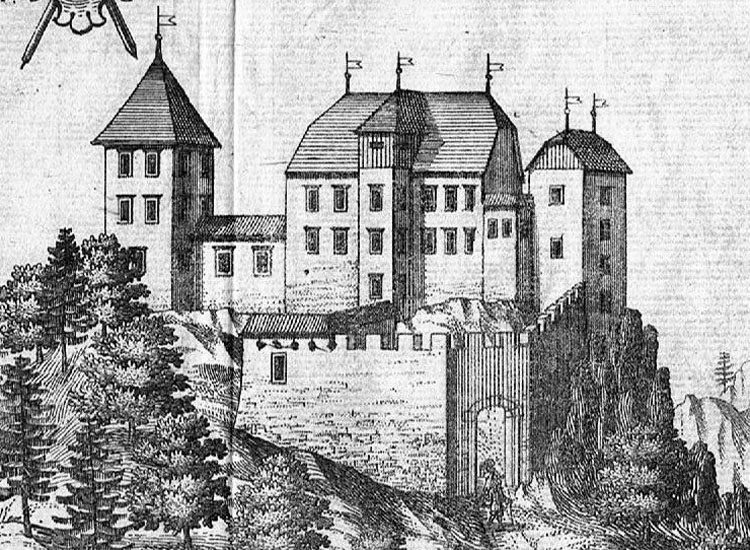 Strassfried: Ansicht von Süden nach Valvasor, um 1688: rechts der nicht sehr hohe Bergfried, links der völlig abgekommenen Wohnturm.