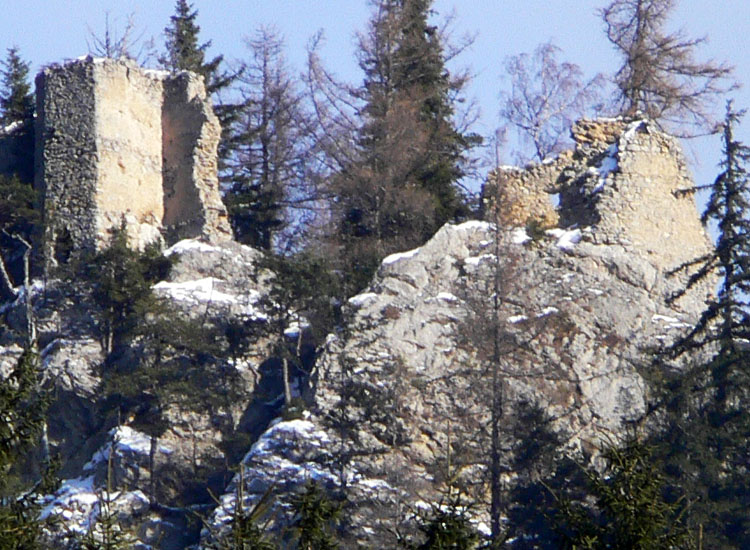 Ehrenfels: Die Südwand und der Sechseckturm vom Tal, aus etwa 2 km Entfernung