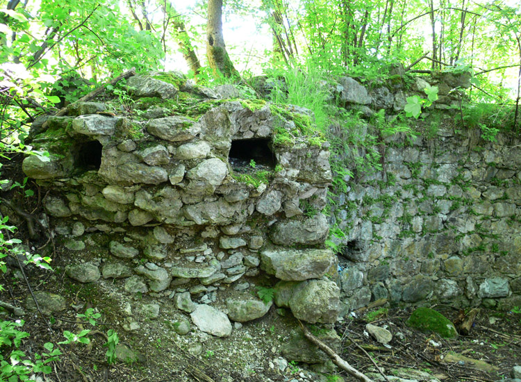 Wagrain: Kanäle der verrotteten Maueranker im mauerwek des Bergfrieds (Foto 2005)