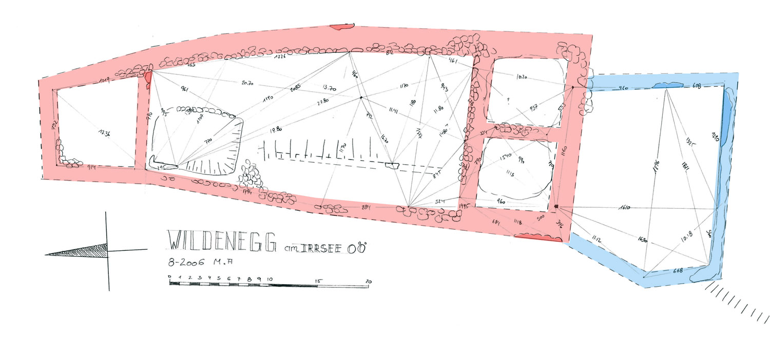 Wildenegg: Grundriss der Hauptburg (rot) und Vorburg (blau)