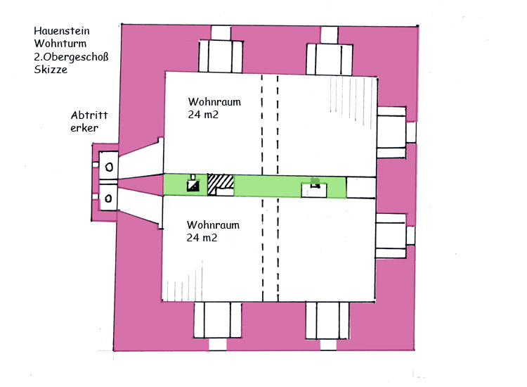 Hauenstein: Wohnturm, 2. Obergeschoß, Skizze der Raumaufteilung,  genordet