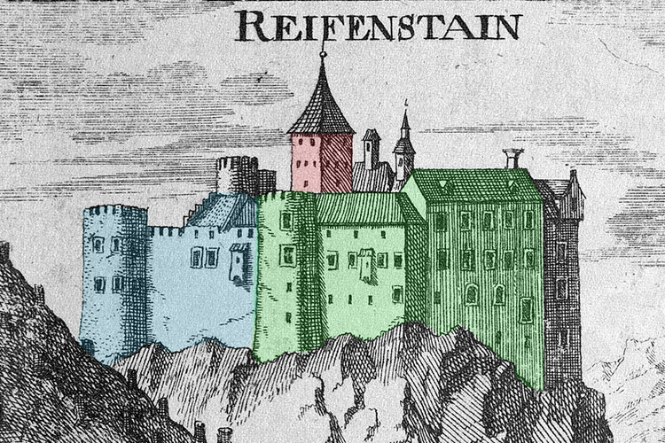 Reifenstein: Zeichnung Vischer um 1690, die einzelnen Bauphasen wie im Grundriss eingefärbt.