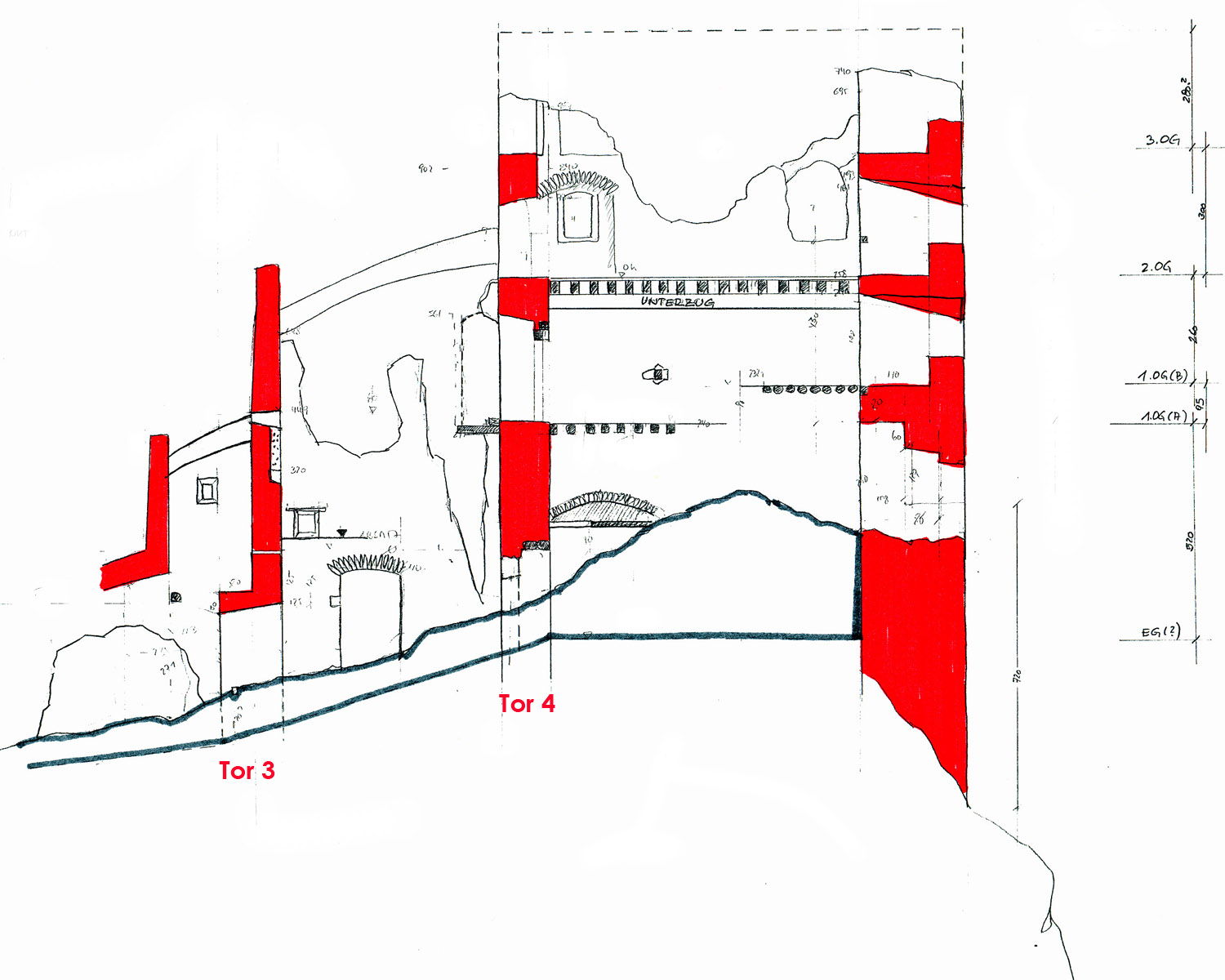 Kammerstein: Schnitt durch die Toranlage: Tor 3, Tor 4 und Torturm.