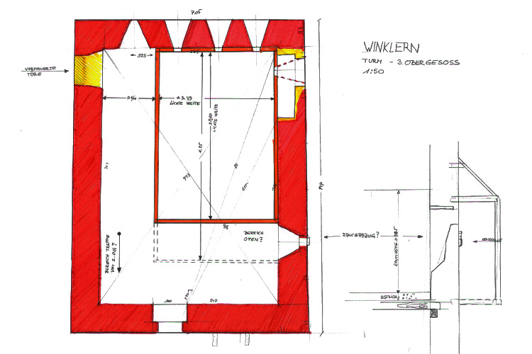 Winklern Mautturm: Grundriss 3.OG mit Rekonstruktion der Stube.