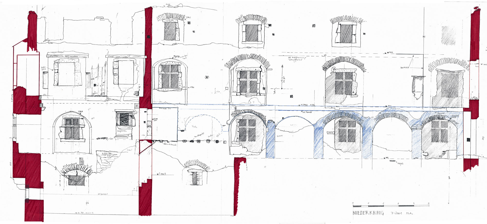 Niederkraig: Wandabwicklung der Innenseite des Westtraktes