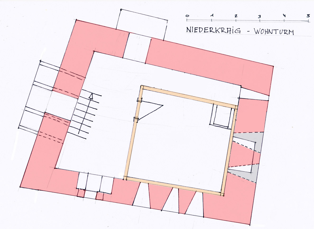 Niederkraig Wohnturm: grundriss 3. Obergeschoss mit Rekonstruktion der Stube.