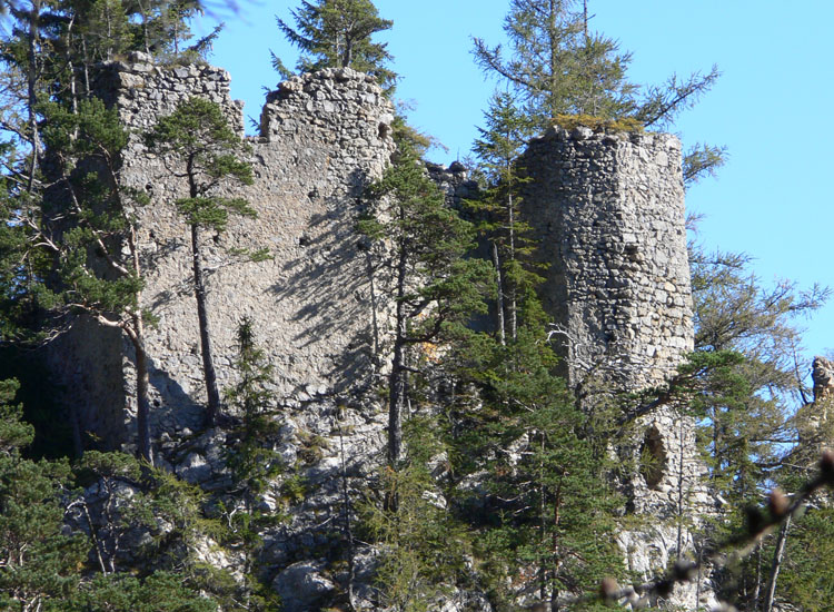 Ehrenfels: Ansicht von Westen. links der Wohntrakt, rechts der Sechseckturm