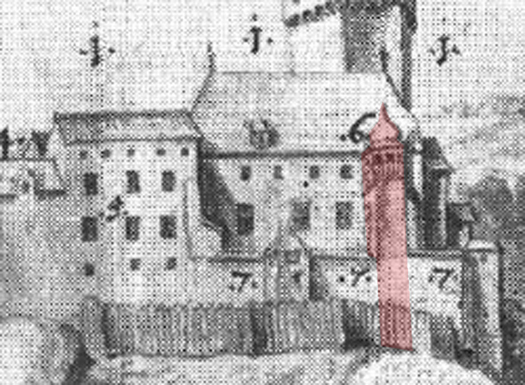 Schaunberg Palas: Zeichnung von 1670, der Althan rot unterlegt