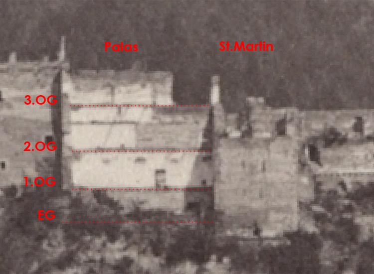 Frauenburg: Foto von 1870 mit der ITrennwand des Palas und der talseitigen Fassade der St. Martins Kapelle