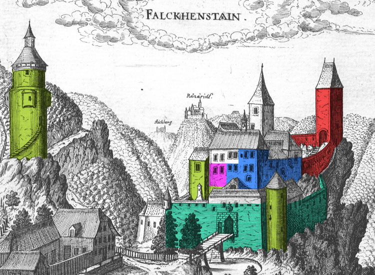 Vischers Darstellung von 1674: Die erkennbaren Bauteile sind wie im Baualterplan eingefärbt
